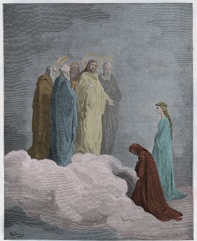 Paradiso, Canto 26: St. Johannes onderzoekt Dante over liefde, illustratie uit De Goddelijke Komedie van Dante Alighieri, 1885 door Gustave after Dore